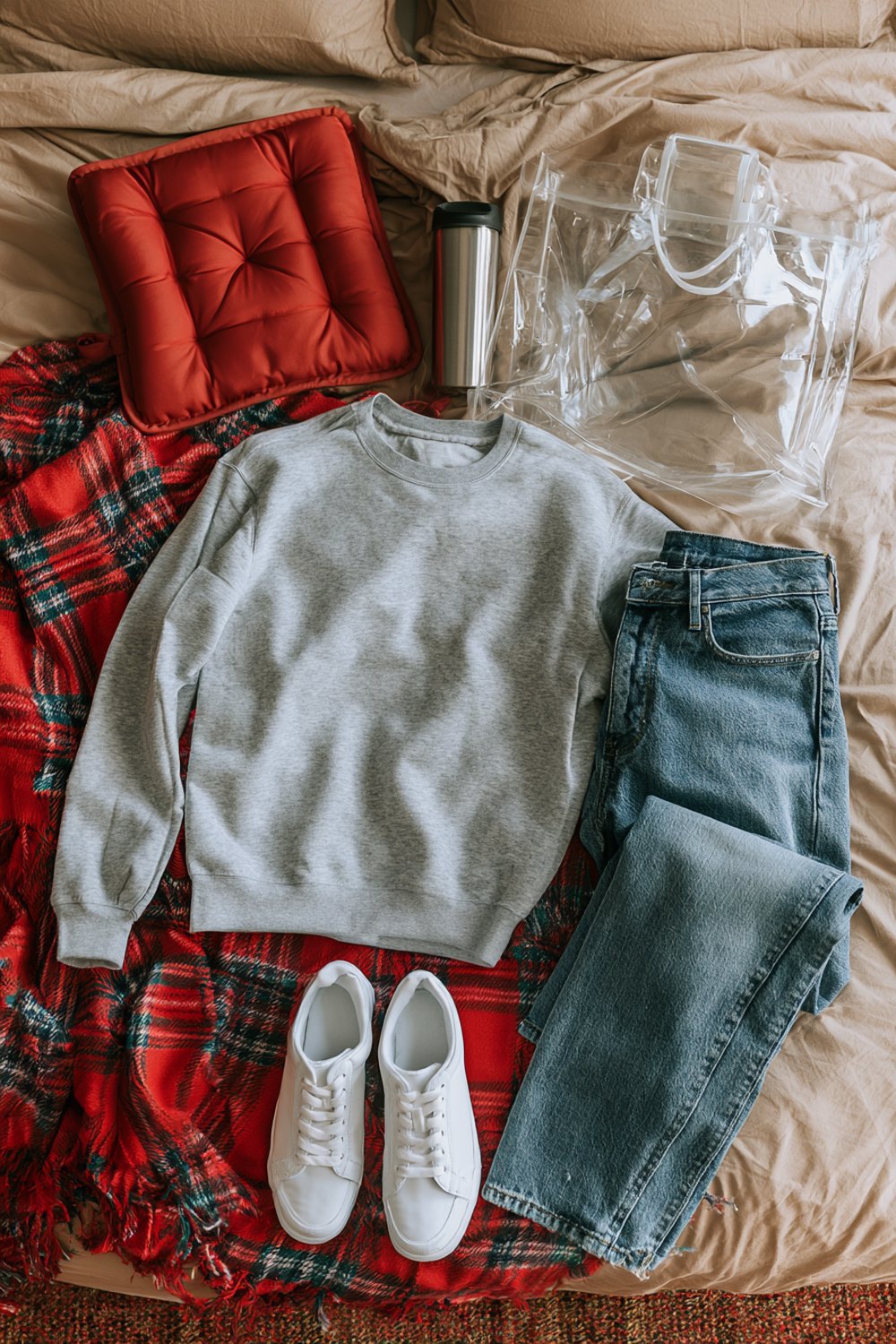 Football mom outfits flat lay with a gray crewneck, jeans, white sneakers, red plaid blanket, seat cushion and clear tote
