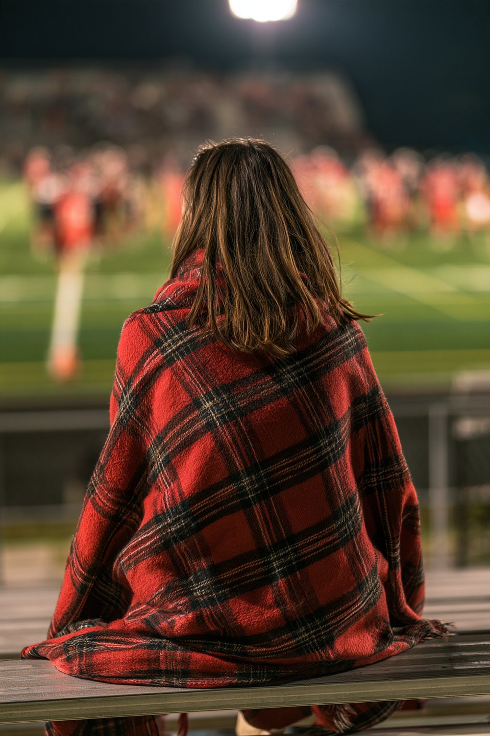 Mom from behind in a plaid blanket watching a high school football game at night