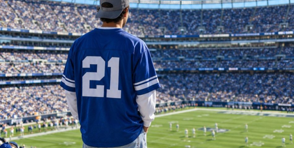Game day outfits for men: a man seen from behind in a stadium wearing an oversized royal blue number 21 jersey over a white long sleeve, light baggy jeans, white sneakers and a backwards grey cap