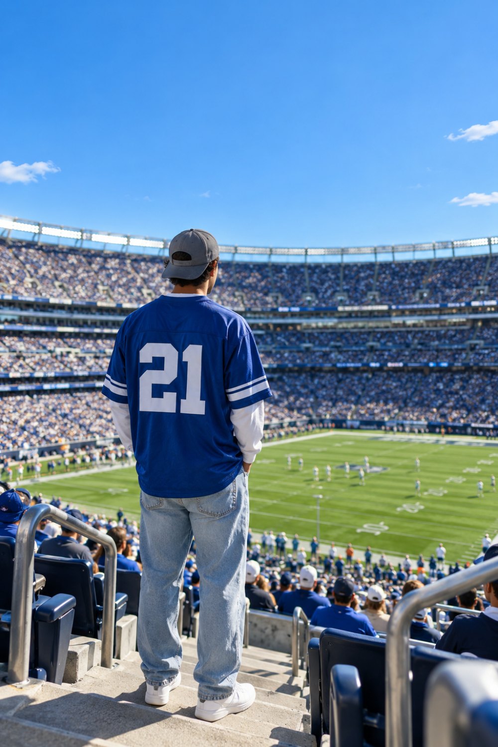 Game day outfits for men: a man seen from behind in a stadium wearing an oversized royal blue number 21 jersey over a white long sleeve, light baggy jeans, white sneakers and a backwards grey cap