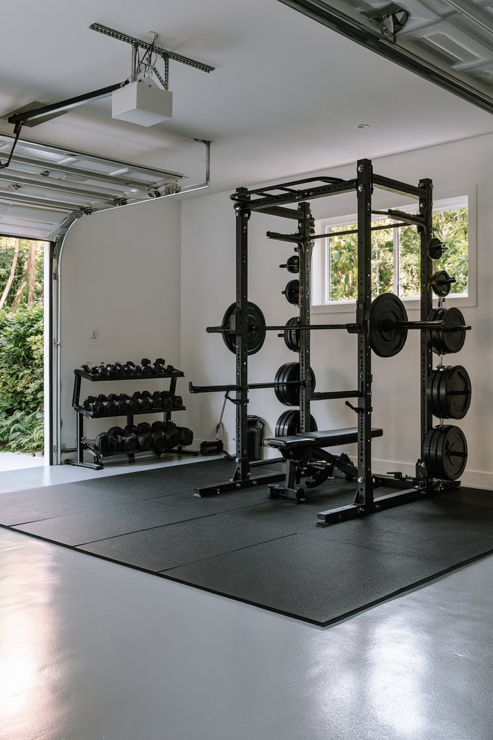 Garage gym with a grey epoxy floor and black rubber stall mats under a power rack