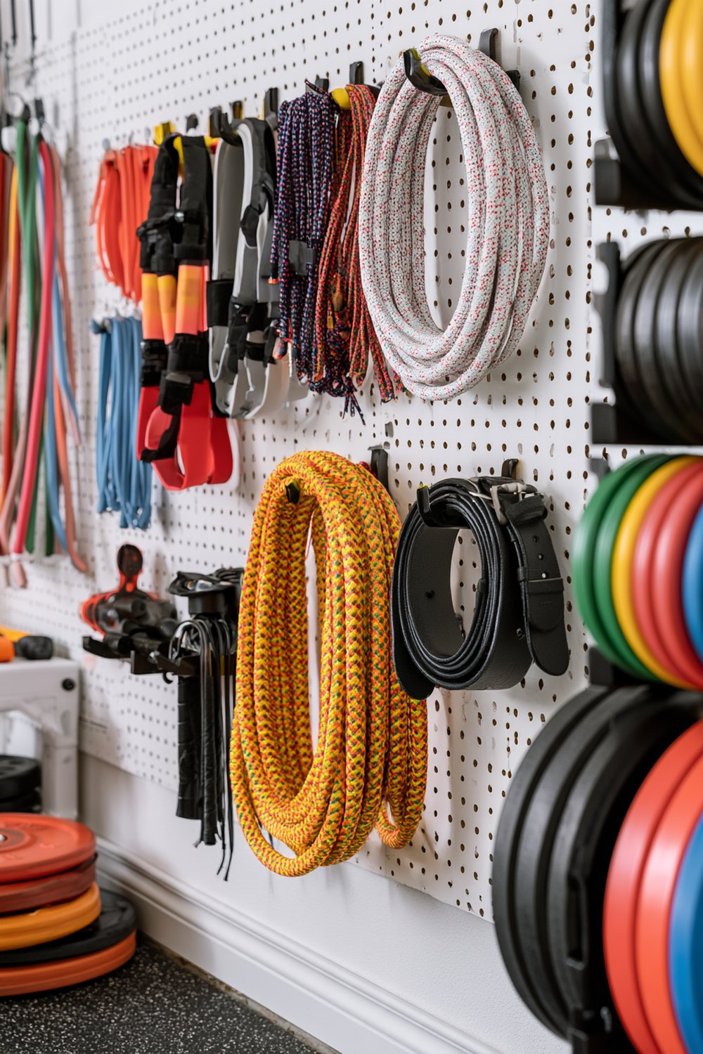 White pegboard wall with resistance bands, jump ropes, belts and colorful bumper plates