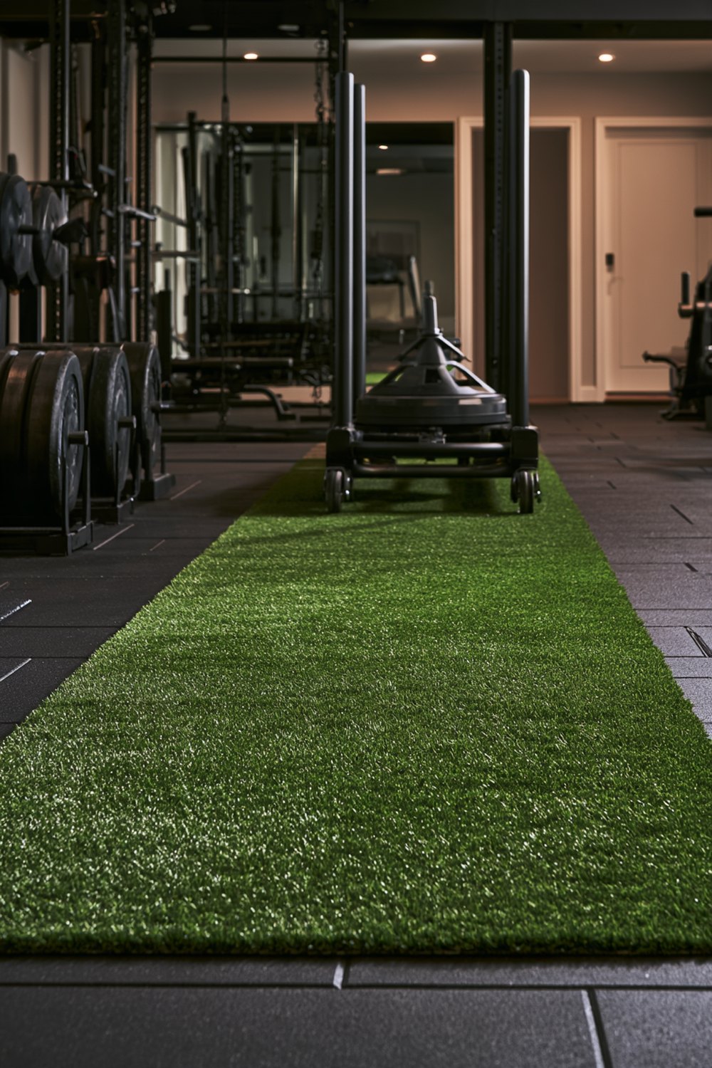 Green artificial turf lane with a weight sled in a garage gym with rubber flooring