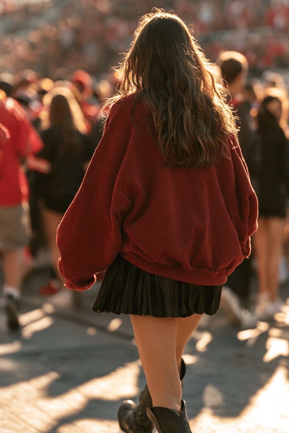 Fan from behind in a red sweatshirt and black skirt heading into a crowd dressed in red and black