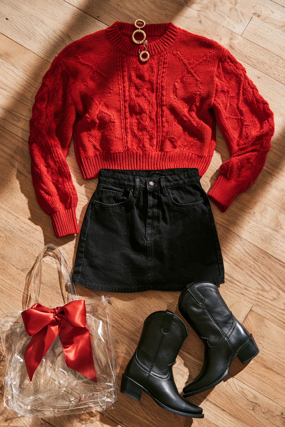 Red and black game day outfit for Athens: cropped red sweater, black skirt, cowboy boots and clear tote with a red bow