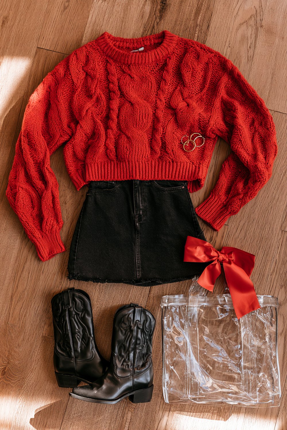 Georgia game day outfits flat lay with a red cable knit sweater, black denim skirt, black cowboy boots, red hair bow and clear stadium bag