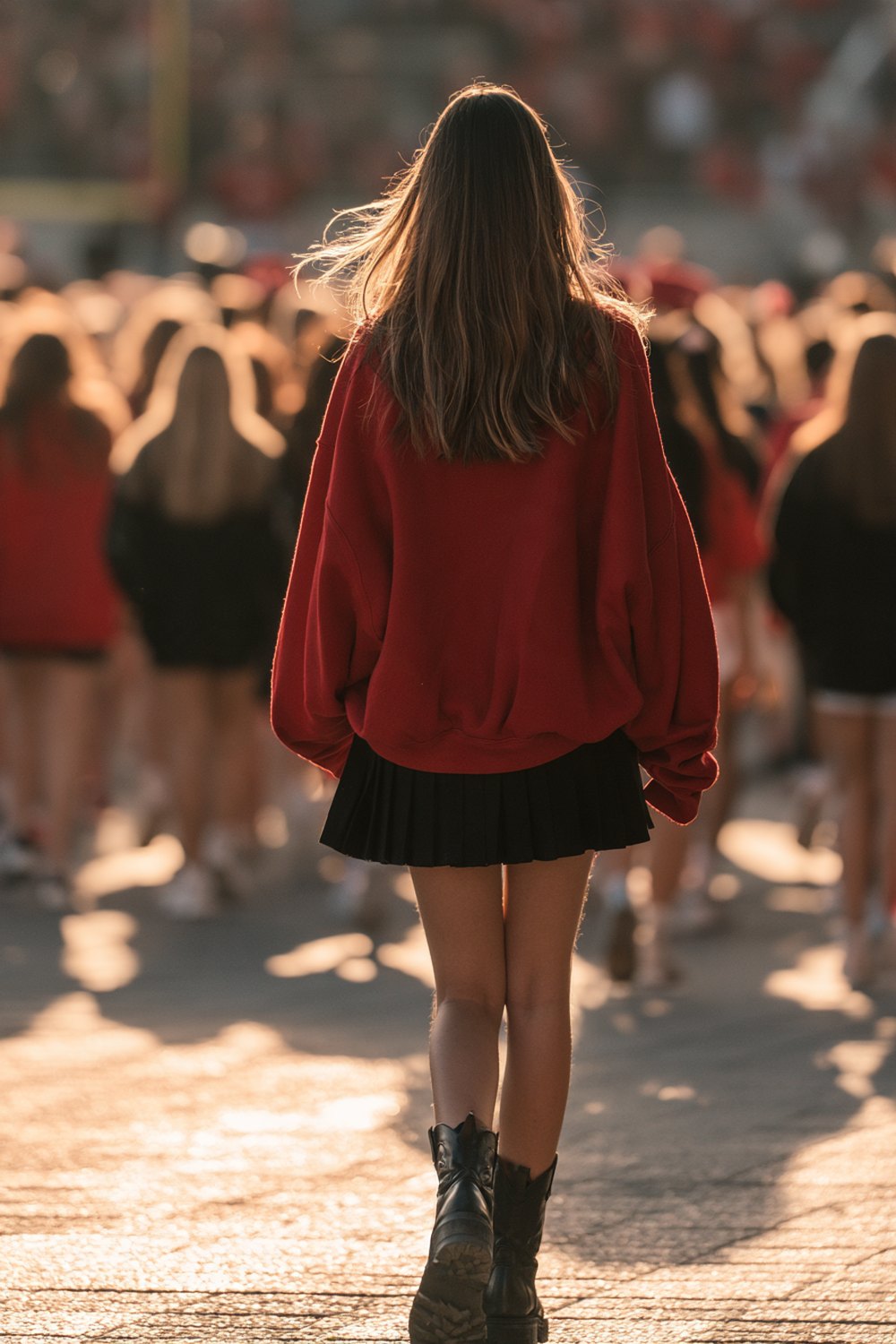 Woman seen from behind walking to a Georgia football game in a red oversized sweatshirt, black pleated skirt and black boots