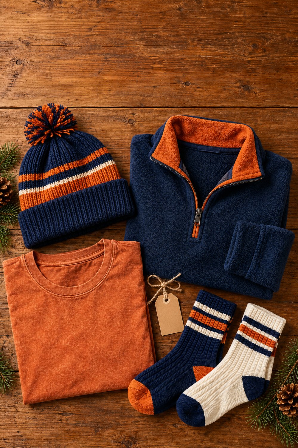Flat lay of football fan clothing gifts in navy and orange: a pom beanie, fleece quarter-zip, vintage tee and striped socks