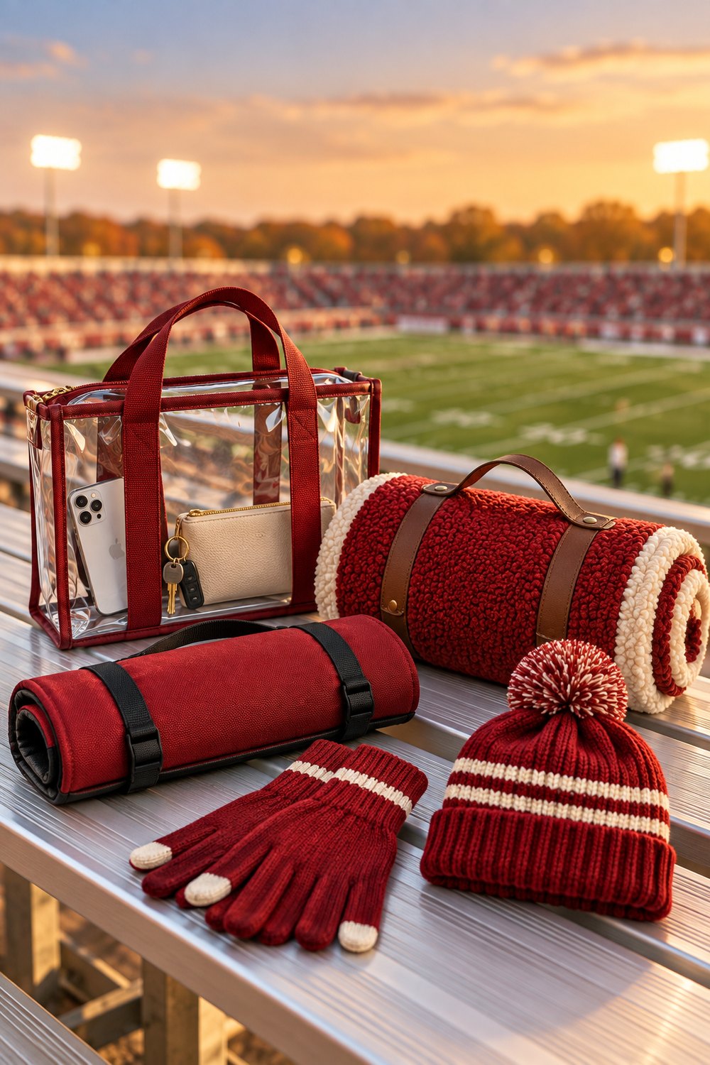 Clear stadium bag, sherpa stadium blanket, roll-up seat cushion, touchscreen gloves and a beanie on a stadium bleacher at sunset