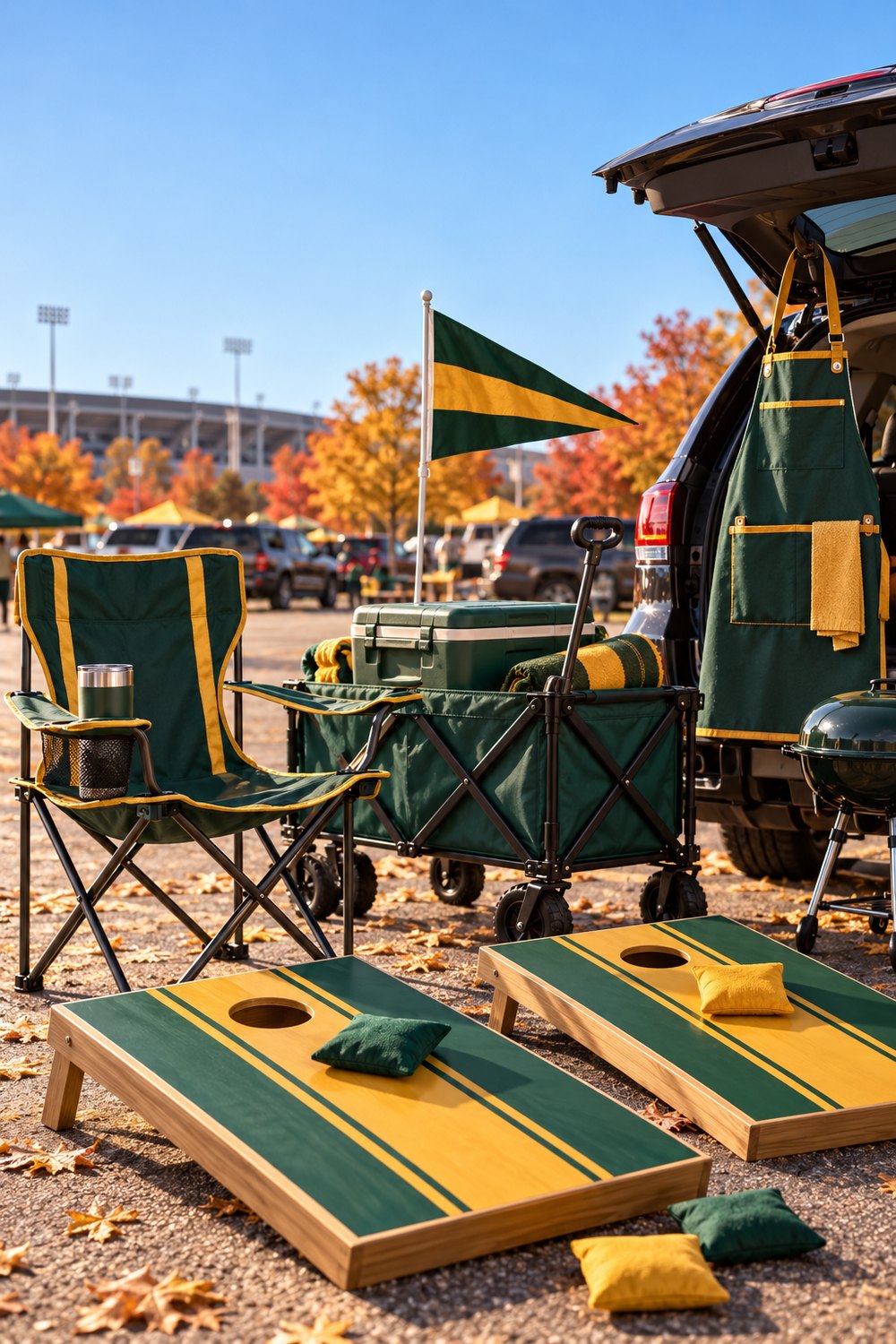Tailgate setup with a green and gold camp chair, cornhole boards, a wagon with a cooler, a pennant flag and a grill apron on an SUV