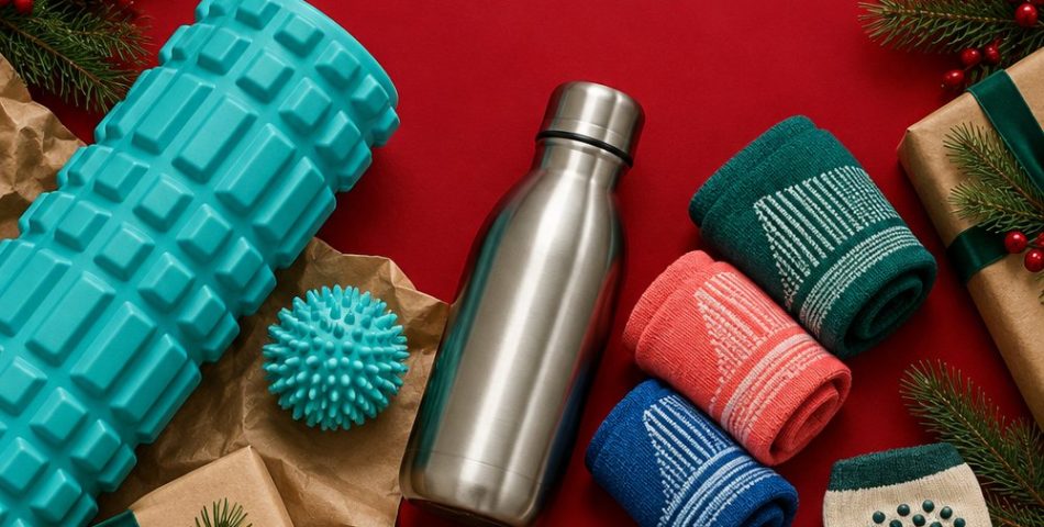 Gifts for athletes flat lay with turquoise foam roller, steel water bottle, athletic socks, grip socks and a leather journal on red