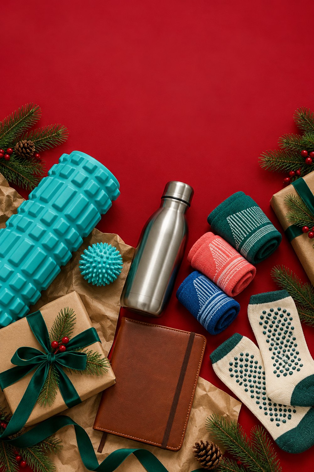 Gifts for athletes flat lay with turquoise foam roller, steel water bottle, athletic socks, grip socks and a leather journal on red