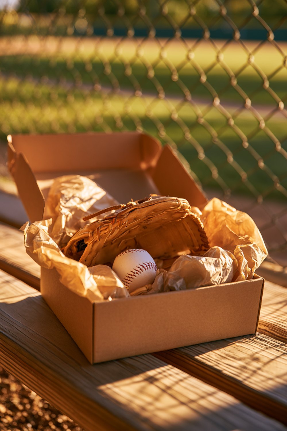 Open gift box holding a new leather baseball glove and ball on a dugout bench at golden hour