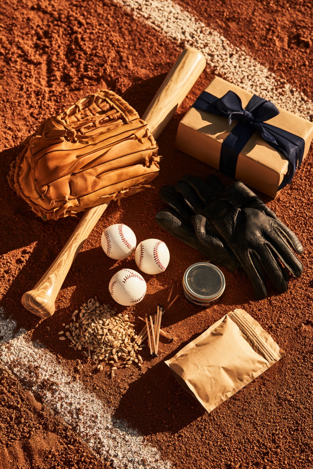 Another flat lay on infield dirt of a leather baseball glove, baseballs, wooden bat, batting gloves and a wrapped gift