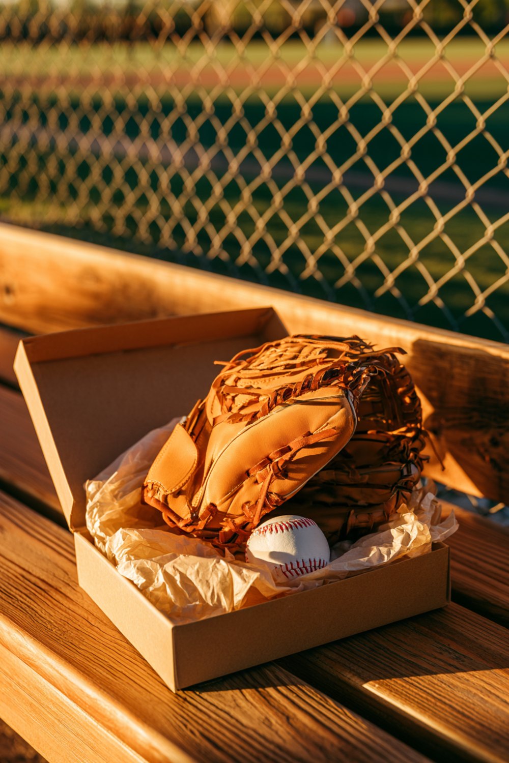 Open gift box holding a new leather baseball glove and ball on a dugout bench at golden hour, another angle