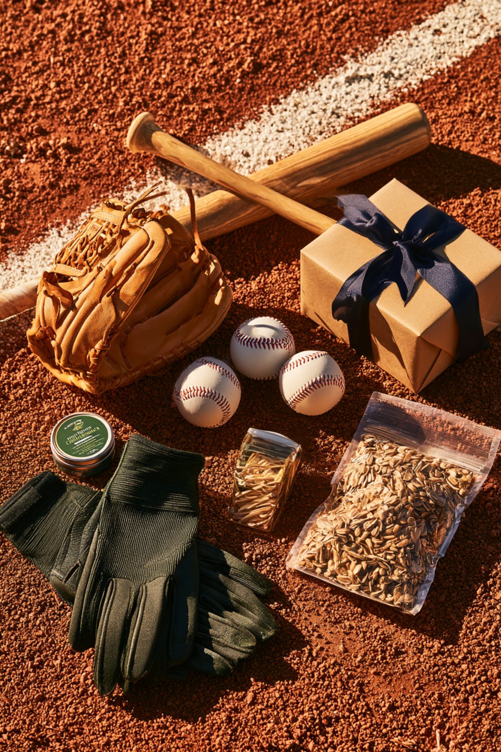 Another flat lay on infield dirt of a leather baseball glove, baseballs, wooden bat, batting gloves and a wrapped gift