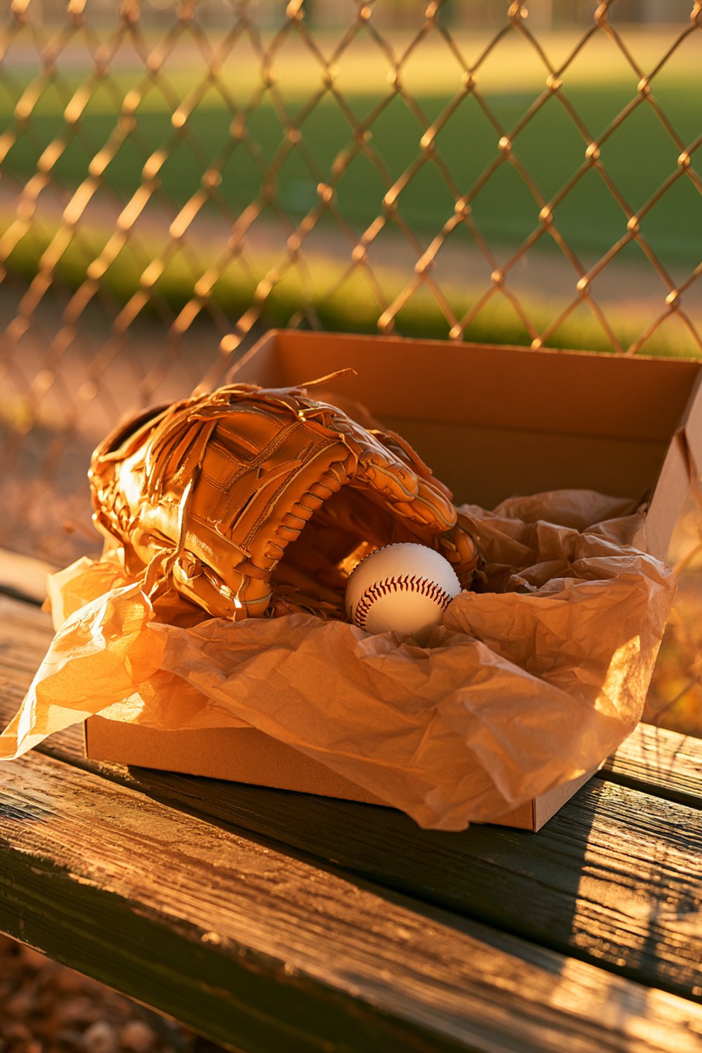 Open gift box holding a new leather baseball glove and ball on a dugout bench at golden hour, wider view