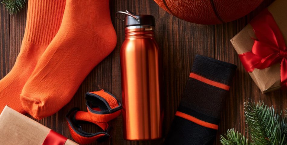 Gifts for basketball players flat lay with a basketball, orange crew socks, water bottle, sweatbands and wrapped gifts with pine