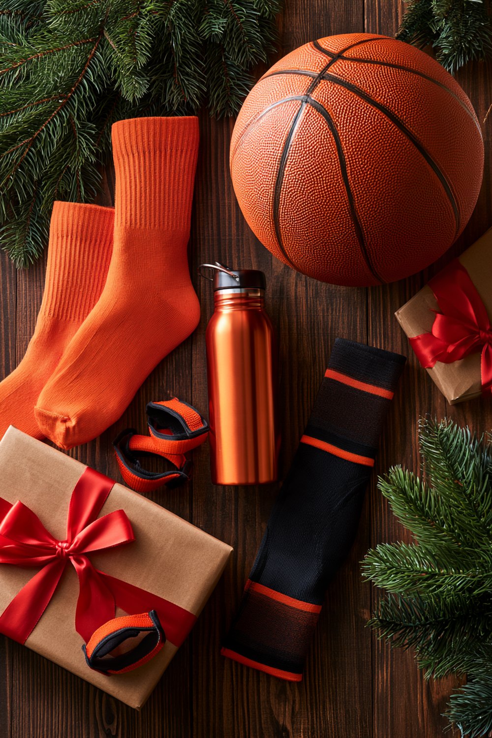Gifts for basketball players flat lay with a basketball, orange crew socks, water bottle, sweatbands and wrapped gifts with pine
