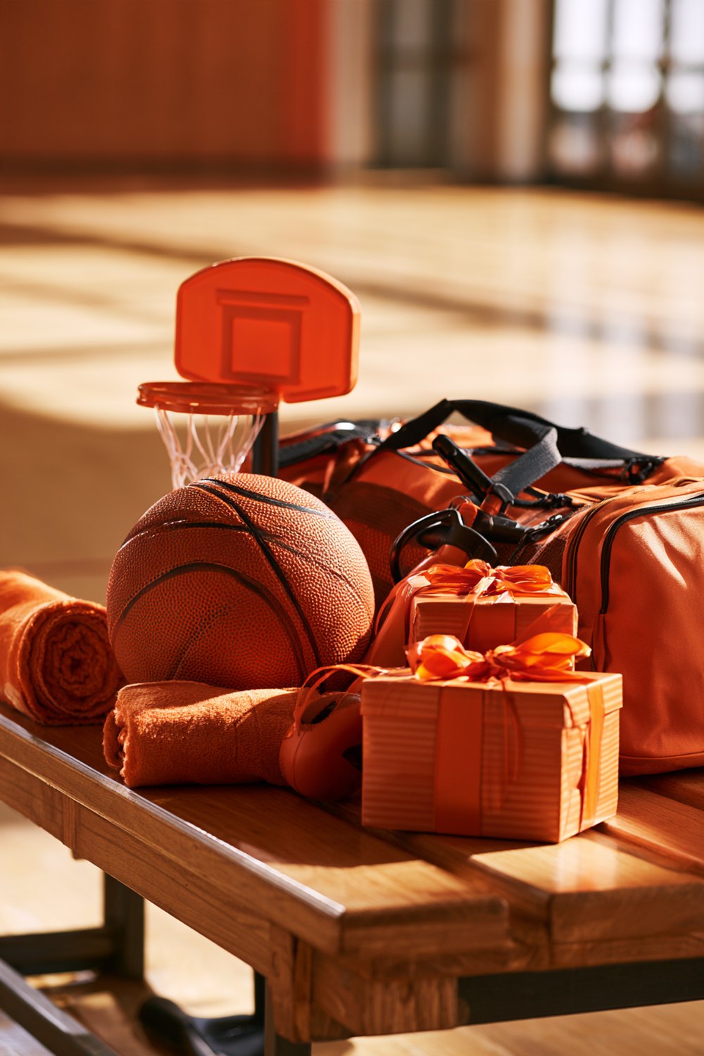 Basketball gift set on a gym bench with a ball, mini hoop, duffel bag, towels and wrapped presents