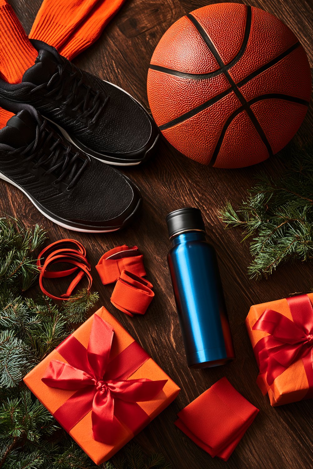 Holiday basketball gifts: black training shoes, basketball, blue water bottle, bands and wrapped boxes