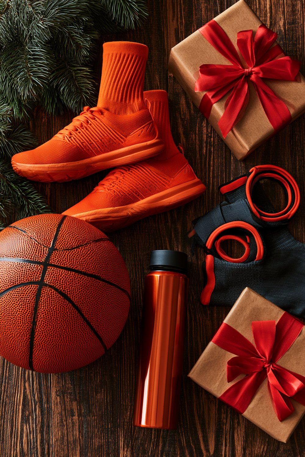 Basketball sneakers, ball, water bottle and resistance bands with wrapped Christmas gifts