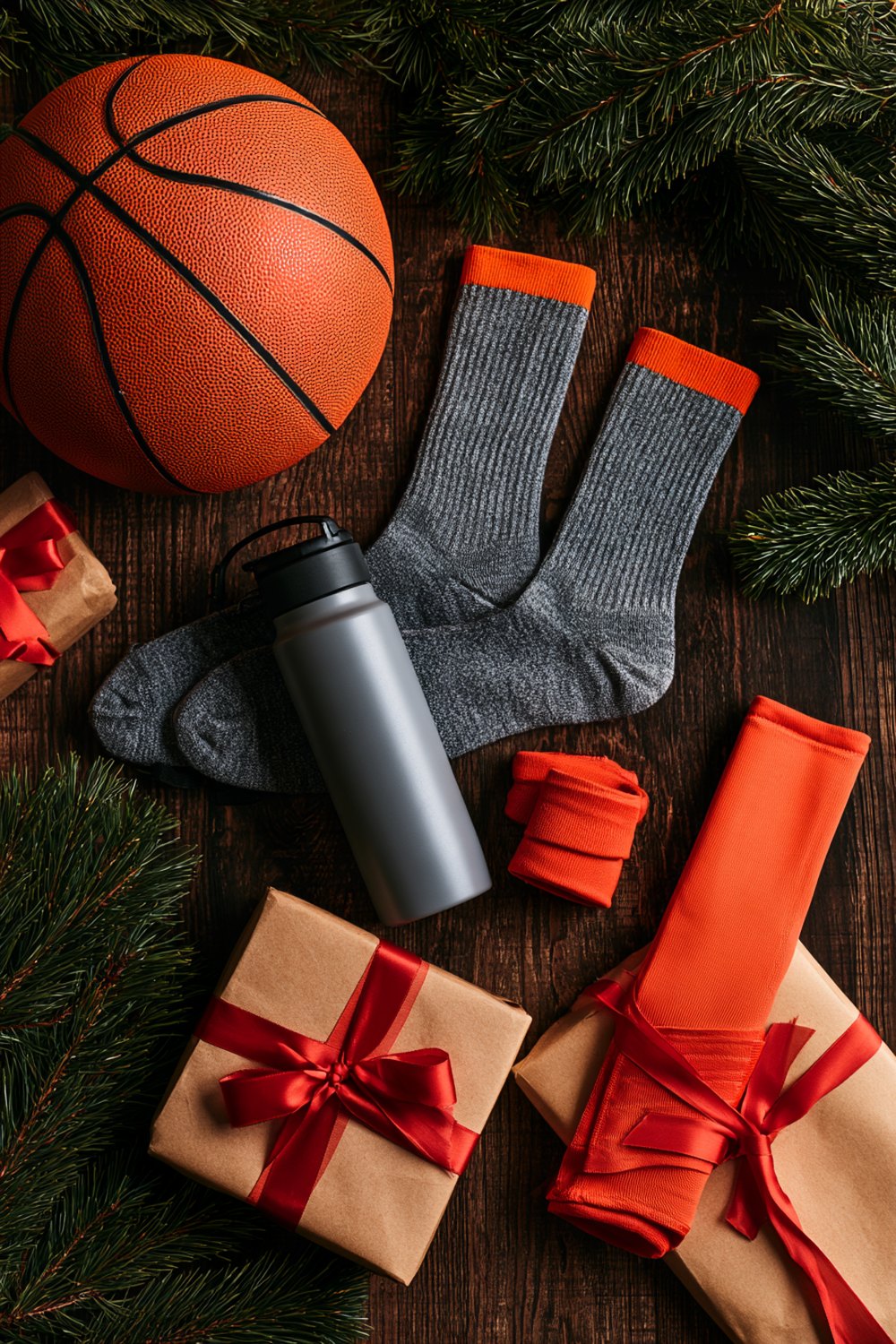 Basketball stocking stuffers: gray crew socks, water bottle, wristband and an orange shooting sleeve