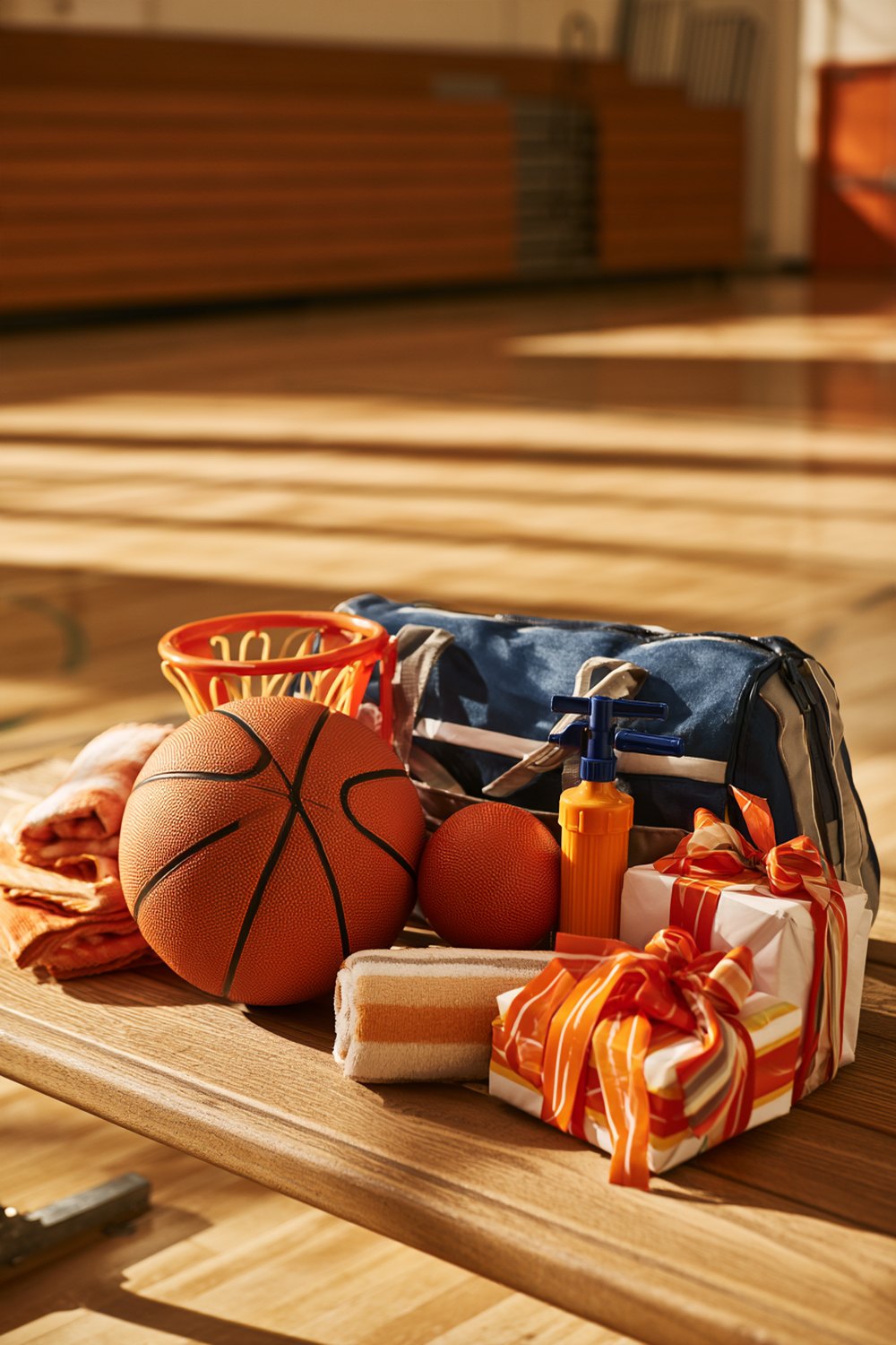 Basketball training gifts with a ball pump, mini hoop, duffel, towel and wrapped presents on a court bench