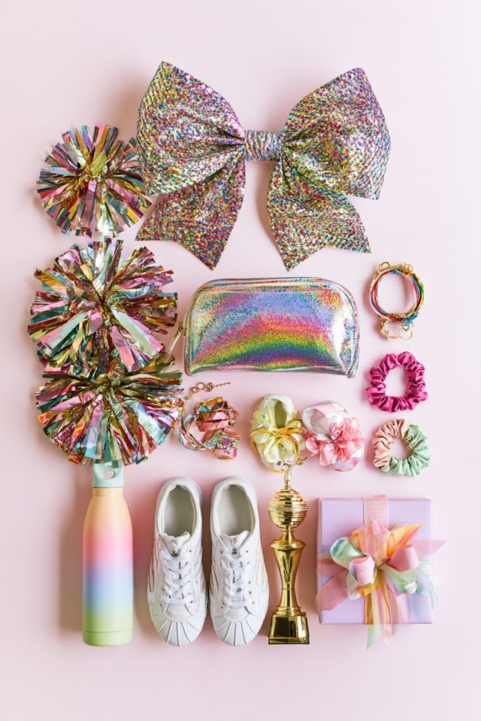Flat lay of cheer gifts: glitter hair bow, pom poms, holographic makeup bag and bracelets on pink