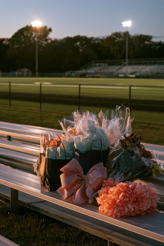 Gift bags, flowers and pom poms waiting on aluminum bleachers at a football stadium at dusk