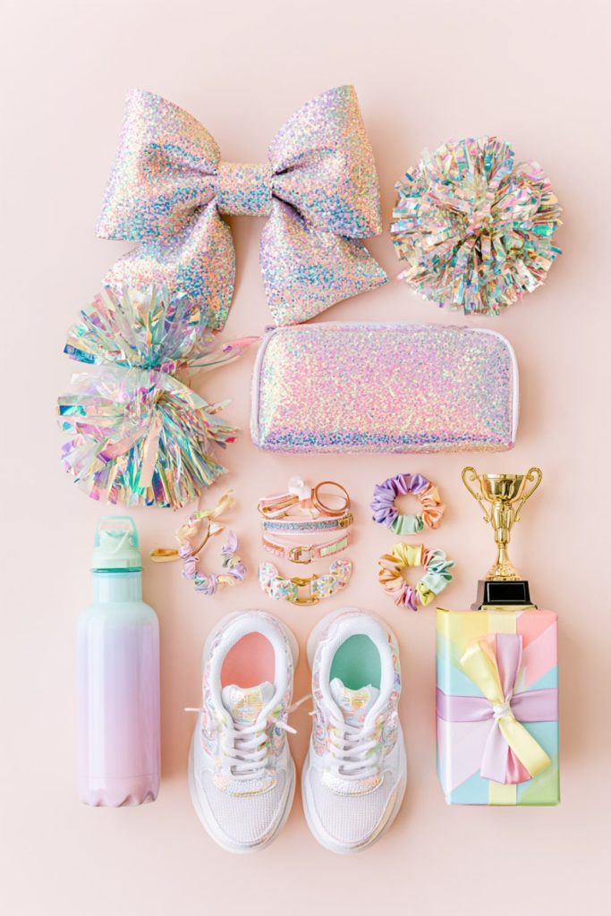 Silver glitter bow, metallic pom poms, water bottle and scrunchies arranged as cheerleader gift ideas