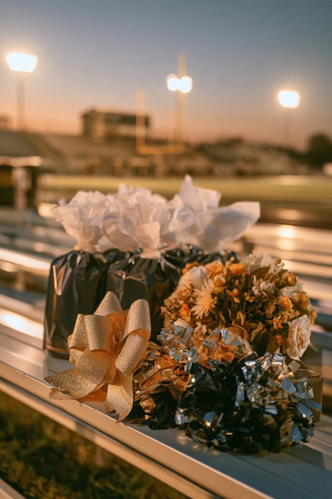 Senior night gift bags with bows and bouquets lined up on stadium bleachers under the lights