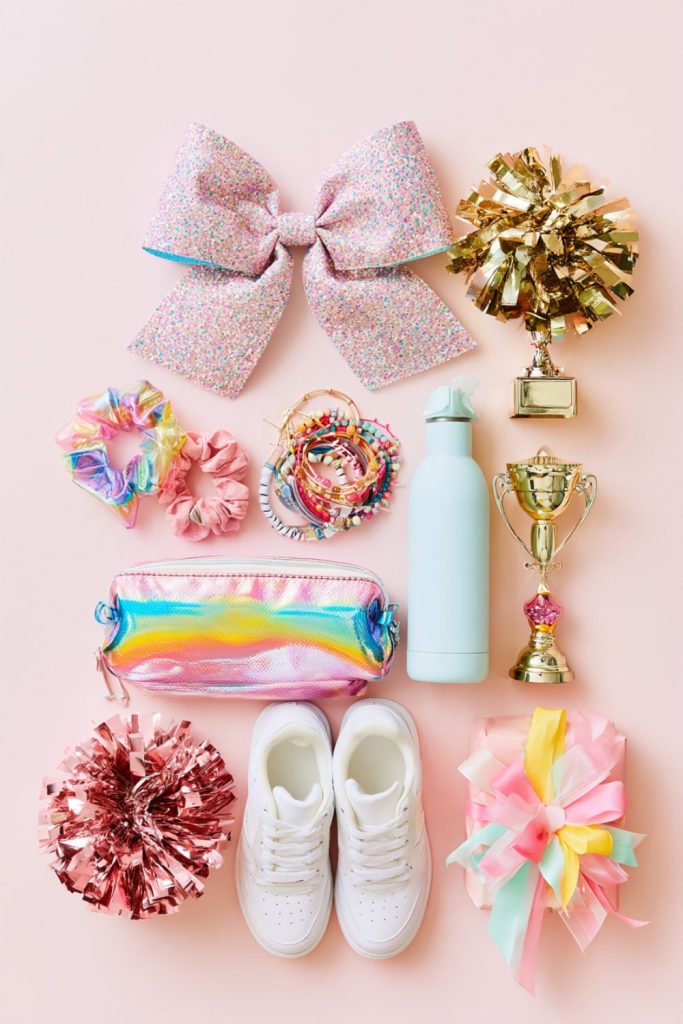 Pastel cheer gift flat lay with a sparkly bow, small trophy, scrunchies and ribbon-wrapped box