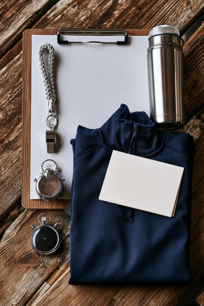Flat lay of coach gifts: whistle on a lanyard, clipboard, insulated tumbler, stopwatch and navy quarter zip