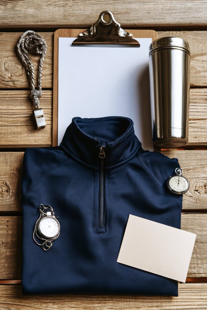 Clipboard, steel tumbler, whistle and folded quarter zip with a blank card on a wooden bench