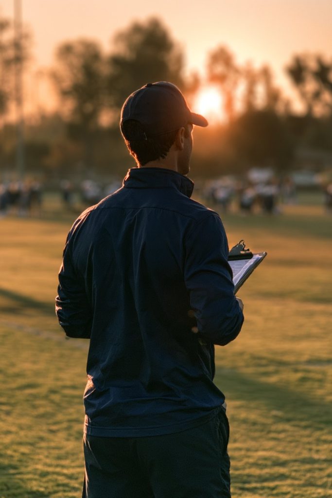 Coach in a navy quarter zip and cap seen from behind watching practice at golden hour
