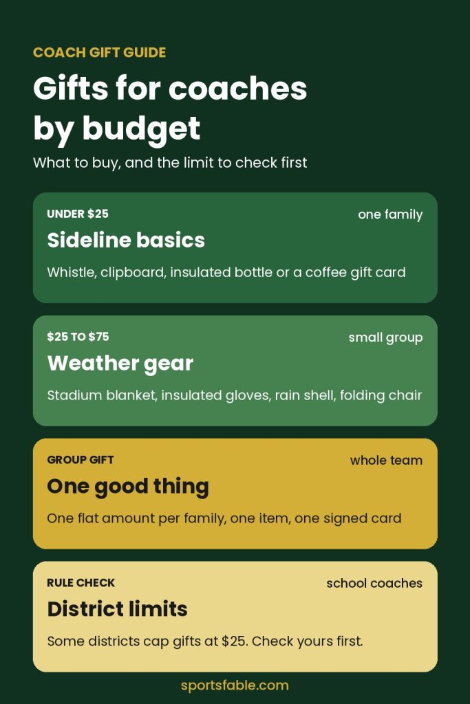 Gifts for coaches by budget card: sideline basics, weather gear, one group gift, and a district gift limit check
