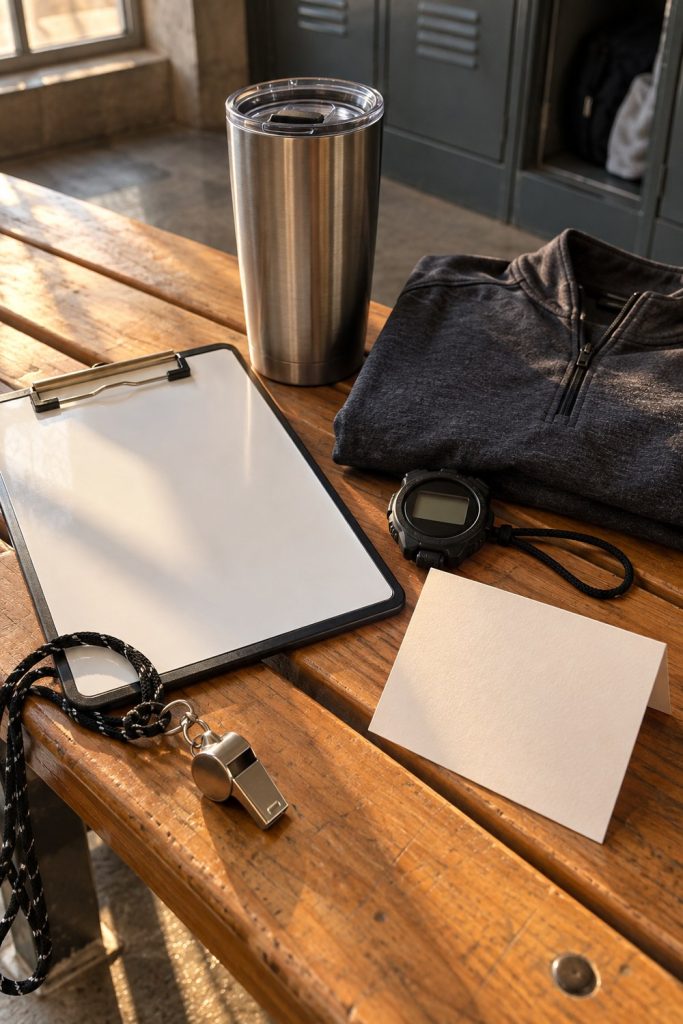 Flat lay of coach gifts on a locker room bench: whistle, clipboard, tumbler, stopwatch and quarter zip