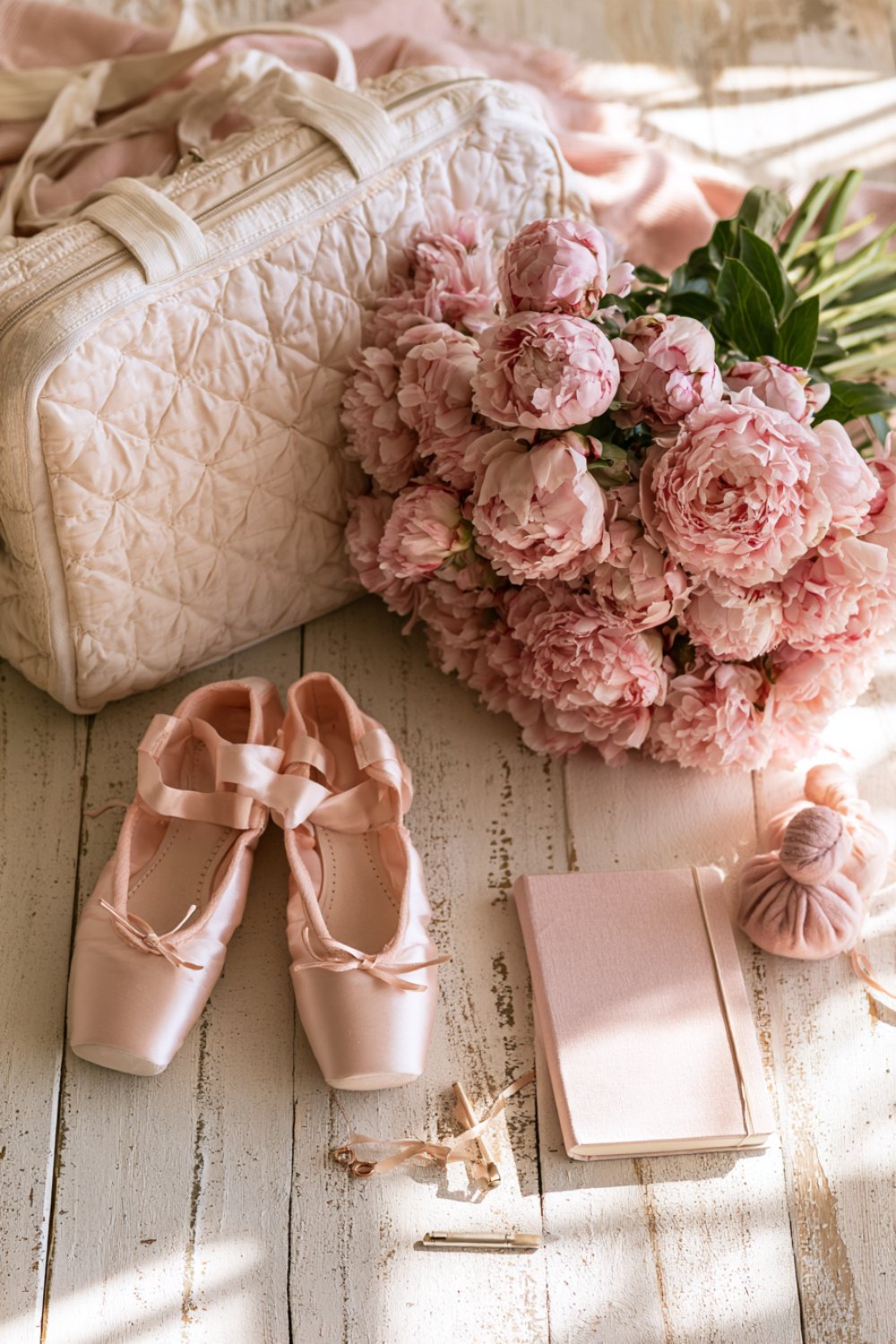 Ballet slippers, a recital bouquet and a blush dance bag arranged as a gift flat lay