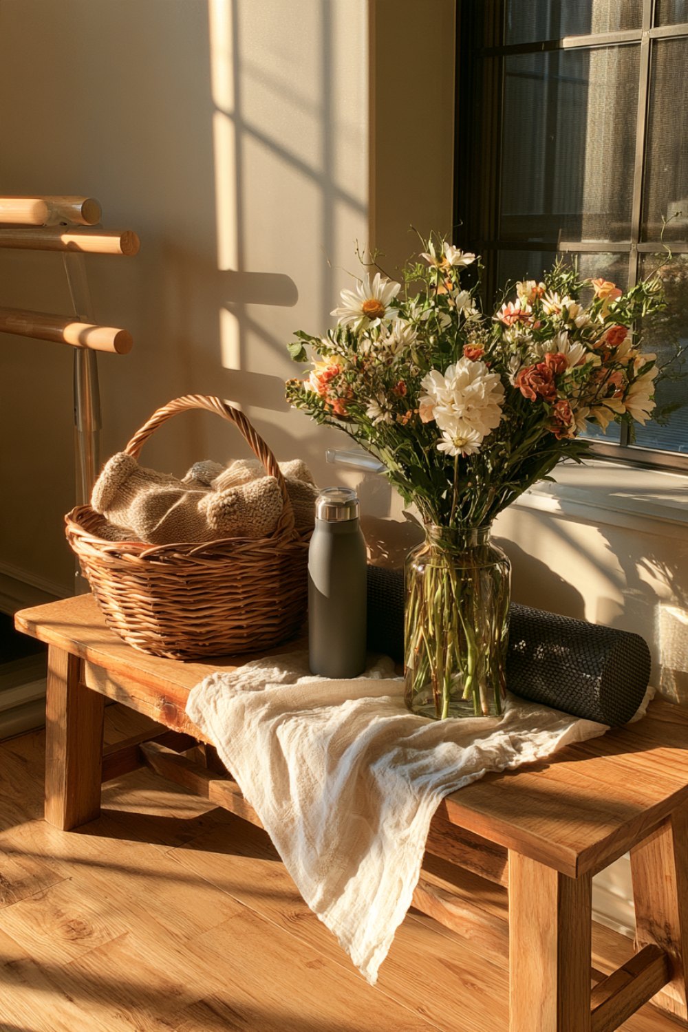 Dance studio bench with a gift basket, flowers, leg warmers and a foam roller in warm window light