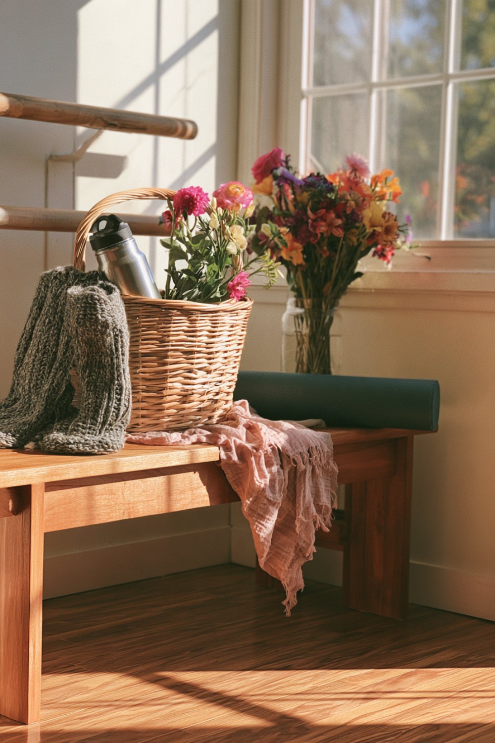 Gift basket and recital flowers on a wooden bench beside a ballet barre