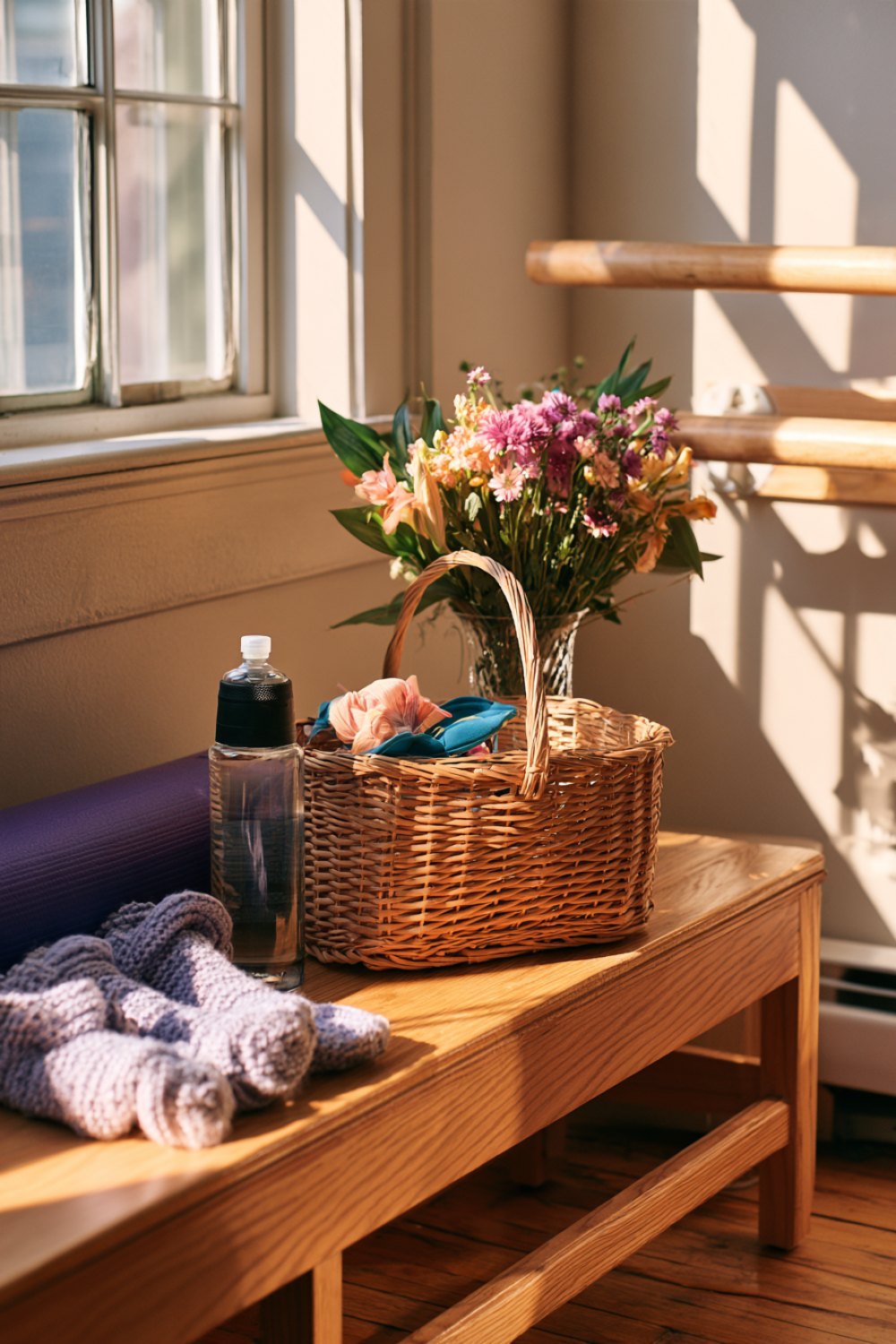 Studio corner with a wrapped gift basket, rolled mats and flowers on a bench