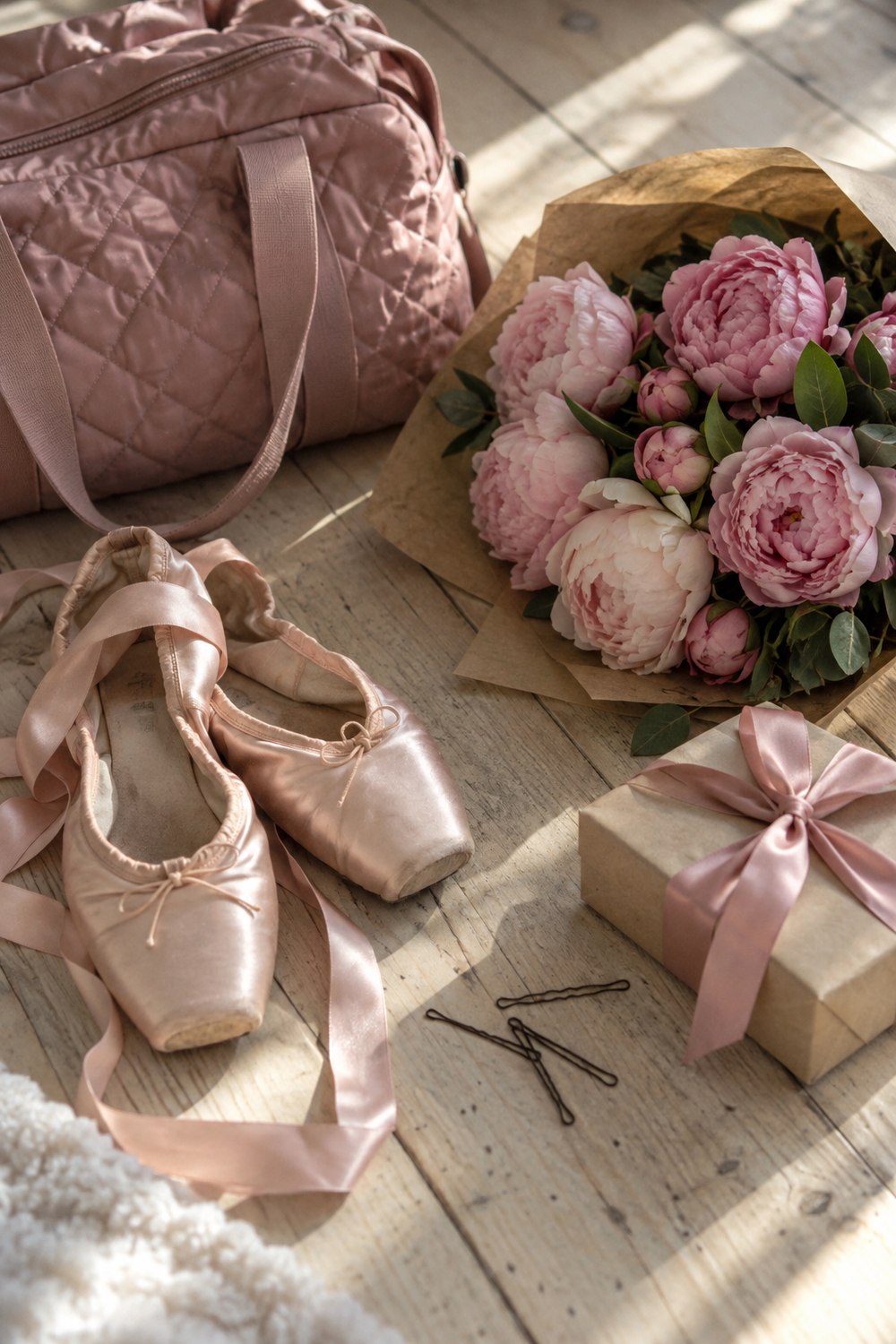 Flat lay of pink satin ballet slippers, a peony bouquet in kraft paper, a quilted dance bag, bobby pins and a gift box with a satin bow