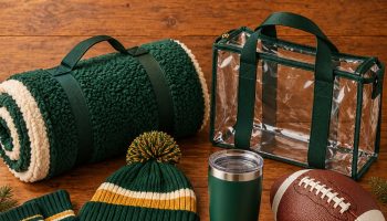 Flat lay of football fan gifts in green and gold: a sherpa stadium blanket, clear stadium bag, beanie, gloves, tumbler, socks, a football and a wrapped gift