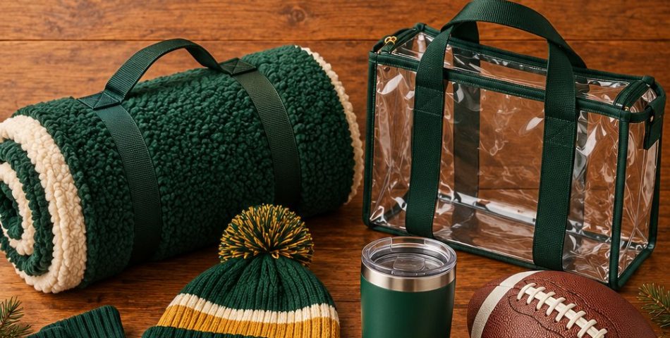 Flat lay of football fan gifts in green and gold: a sherpa stadium blanket, clear stadium bag, beanie, gloves, tumbler, socks, a football and a wrapped gift