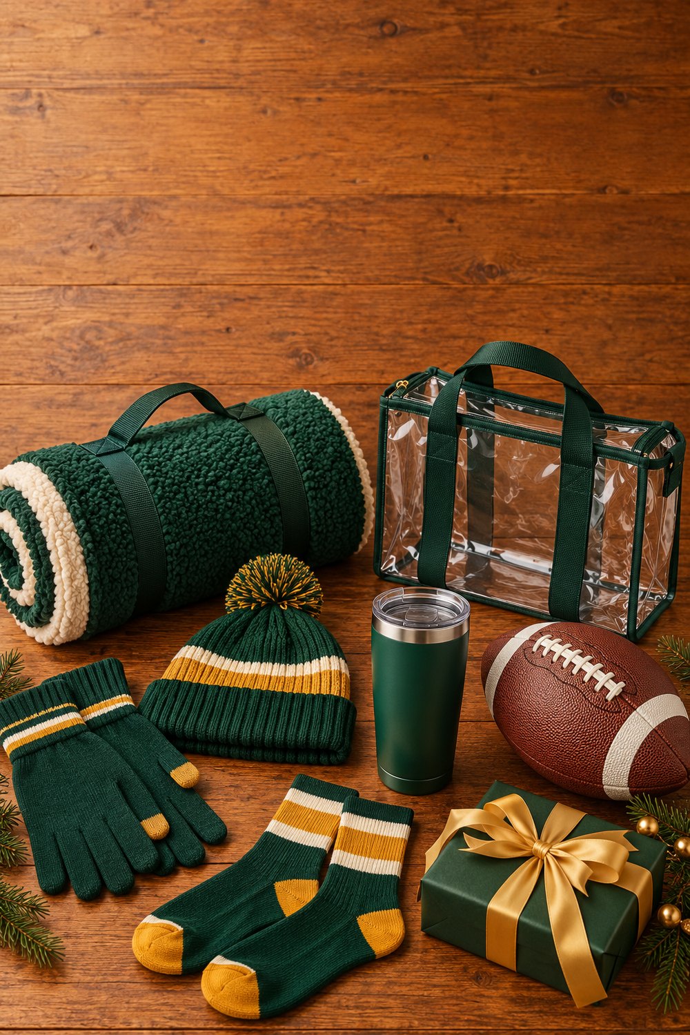 Flat lay of football fan gifts in green and gold: a sherpa stadium blanket, clear stadium bag, beanie, gloves, tumbler, socks, a football and a wrapped gift