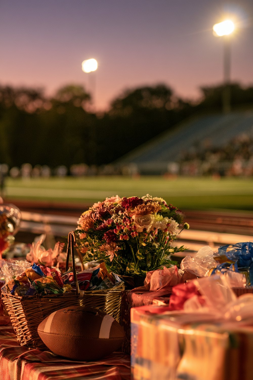 Senior night gift table with baskets, flowers, a football and wrapped presents beside a field at dusk