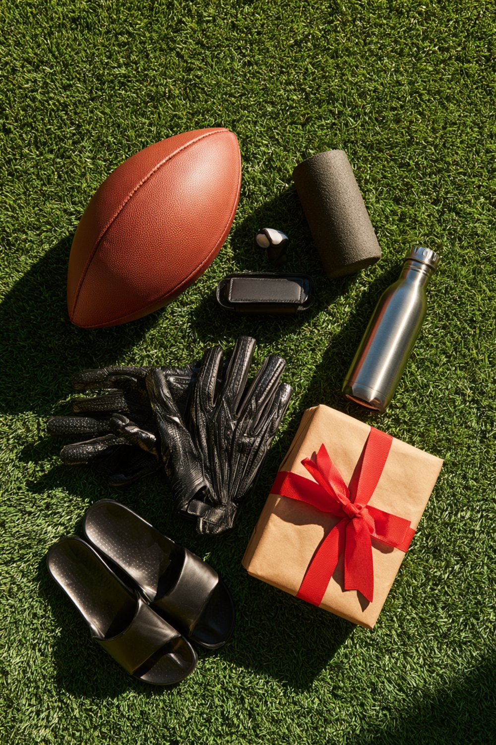 Another flat lay on turf of a football, receiver gloves, mouthguard case, foam roller, water bottle, slides and a wrapped gift