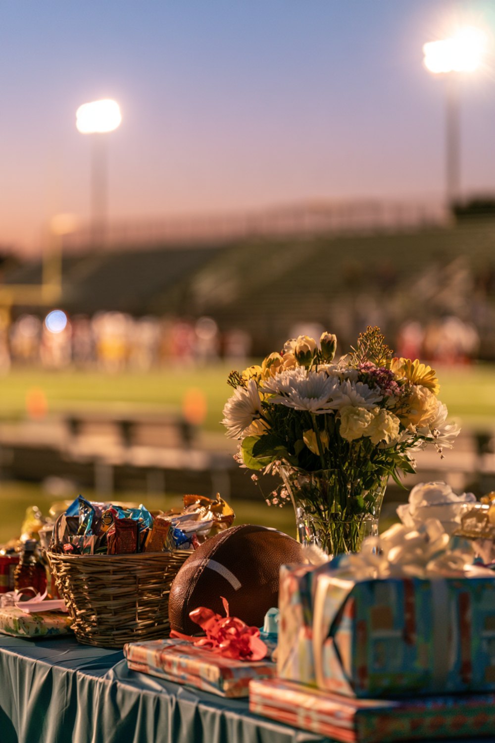 Senior night gift table with baskets, flowers, a football and wrapped presents beside a field at dusk, another angle