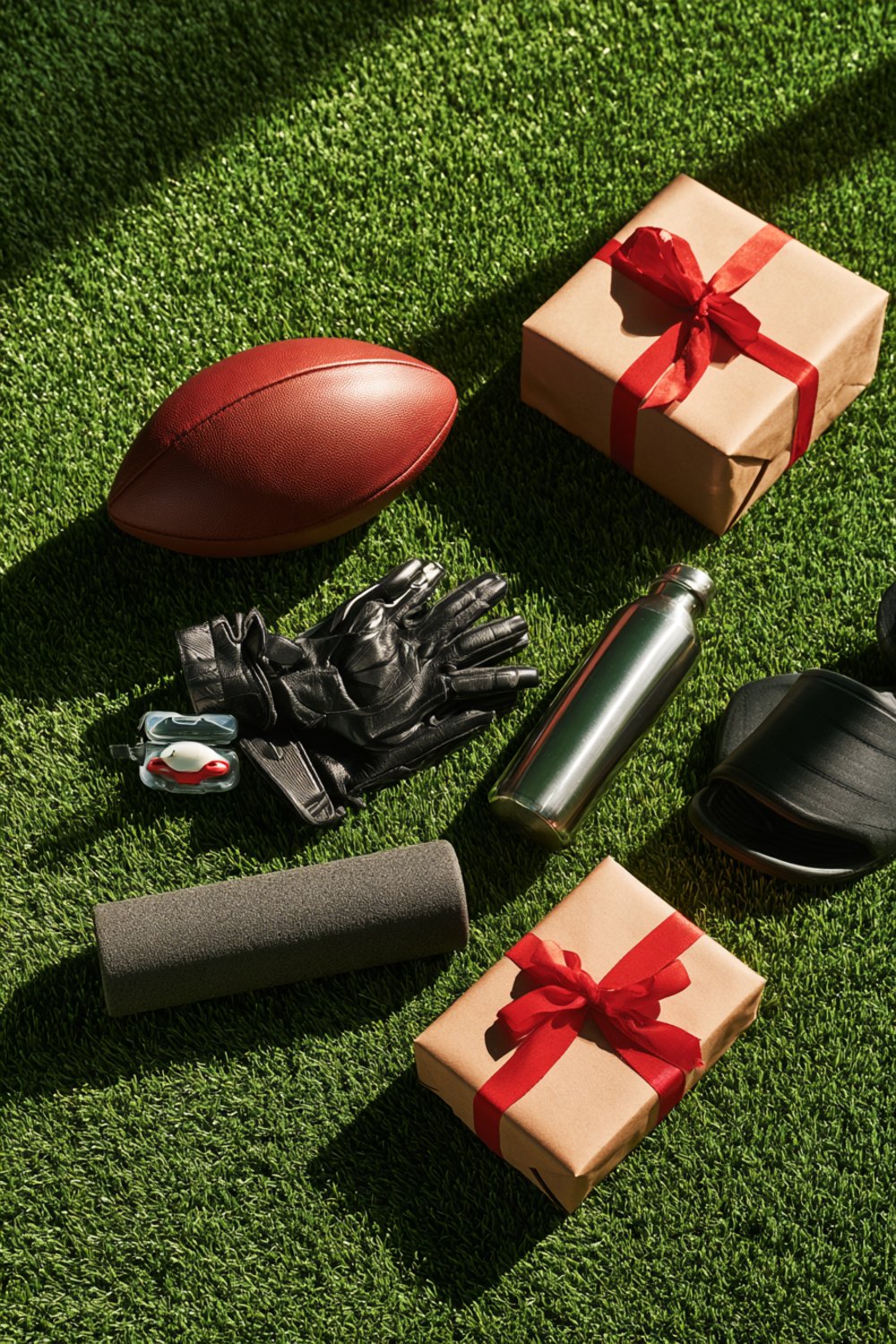 Another flat lay on turf of a football, receiver gloves, mouthguard case, foam roller, water bottle, slides and a wrapped gift